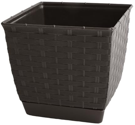 B2C Flower Pot Planter Rattola Plastic with matching saucer Square Modern S M L Decor Outdoor Indoor Plant Gardening Patio Rattan Look Plastic (Dark Brown, 6L)