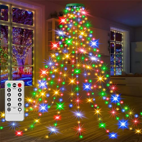 HADAVAKA Christmas Tree Waterfall Lights, Leds Outdoor Xmas Light With Ring, Usb Lights With Remote Control, Led String Lights For Indoor Outdoor Christmas Ornaments (Color, 2M)