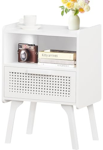 LELELINKY Nachttisch Rattan, Kleiner Beistelltisch Weiß Holz mit Schublade und Offenem Regal, Nachttische hat Tischbeine aus Massivholz für Wohnzimmer Sofatisch, Schlafzimmer Nachtkommode