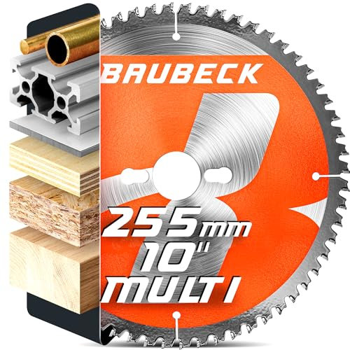BAUBECK 255mm x 25.4mm / 1inch Saw Blade - x100T for fine finish in Wood, Metal with 20/16mm bore rings - TCT 255 mm saw blade - Compatible with Bosch Dewalt Festool Freud 255 mm circular saw blade