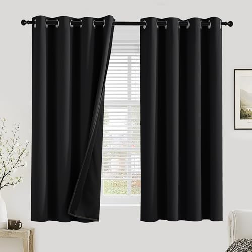 PONY DANCE 100% Blackout Curtains for Bedroom - Thermal Insulated Full Blackout Eyelet Curtains & Drapes Heat and Light Blocking Panels for Living Room with Black Liner 2 Pcs, 52 x 54 Inch, Black