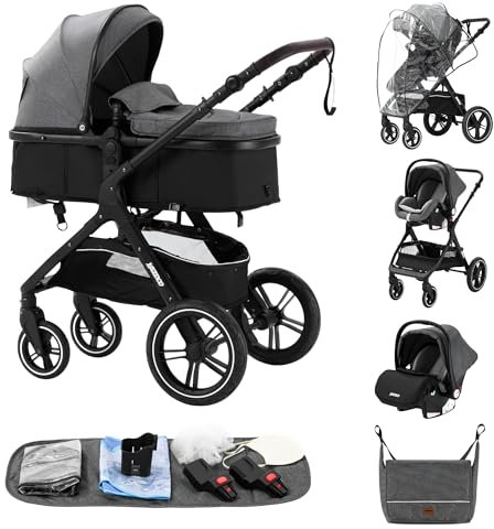 ALYIKOU Poussette 3 en 1, système de voyage, poussette bébé, poussette pliable, Poignée réglable avec Réversible Deux Façons de Pousser (X1 Gris)