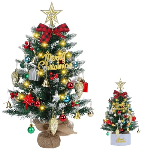 LYtech Albero di Natale Artificiale da Tavolo Piccolo con Luce LED Mini Albero Natalizio da 60CM Albero di Natale Artificiale con 41 Ornamenti Appesi per Decorazioni Natalizie DIY, Scatola Regalo
