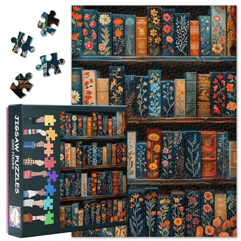 Puzzle 1000 Teile Erwachsene Vintage Bücher, Jigsaw Puzzles 1000 Stück Blumen Thema, Bücherregal herausfordernde Puzzle Spiele für Frauen Home Decoration Größe 70 x 50 cm