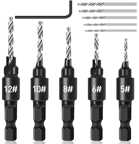 Countersink Drill Bit, 5Pcs Countersink Drill Bit Set Quick Change 1/4inch Hex Shank Countersink Bit Drill Bit Sets for #5, #6, #8, #10, #12 Screws, with L-Wrench
