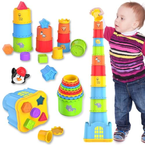 Conalaa Stapelbecher Spielzeug für Kinder ab 1 Jahr, 19-teiliges Lernspielzeug mit Formensortierer und Tiermotiven, Pädagogischer Stapelturm, Perfektes Geburtstags Jungen Mädchen
