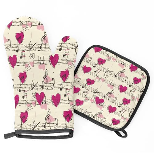 Musical Notes Pink Hearts Oven Mitts & Pot Holders BBQ Gloves, Heat Resistant Kitchen Oven Gloves Hot Pads for Cooking Baking