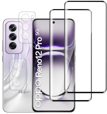 Jinshiweikai 4 Piezas: 2 x Protector Pantalla para Oppo Reno 12 Pro y 2 x Protector de Lente de cámara, 3D Cobertura Completa, Dureza 9H Antiarrayazos, HD Ultraclaro