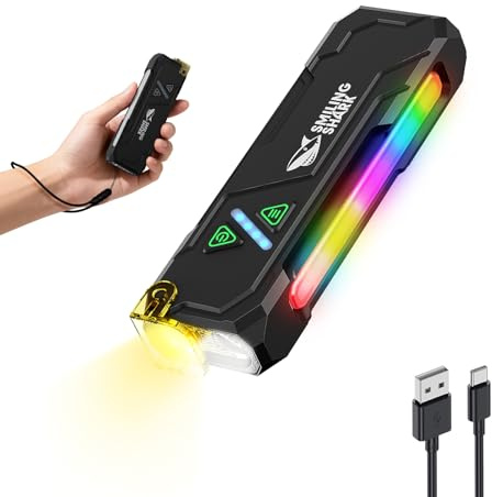 Smiling Shark Linterna ML01, Linterna LED Recargable USB Magnética con Luz Blanca & Amarilla & Púrpura & Luz Lateral RGB Flashlight Compacta Mini con Clip para Camping Senderismo Emergencias (Negro)