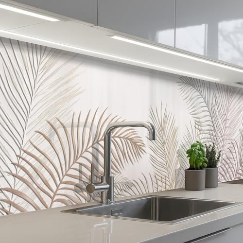 KitchenYeah© Rückwand Küche Rückwandschutz Selbstklebend Spritzschutz | 60x300 cm - Küchenrückwand Küchenfront Küchen Selbstklebende Küchenrückwände Blätter - Beige - Botanisch - Vintage