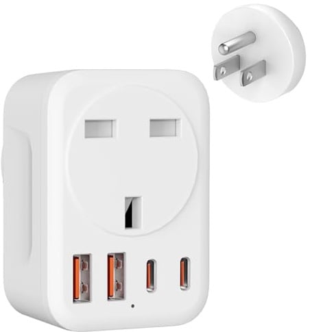Dalimee UK to US Plug Adaptor, 5 in 1 UK to USA Plug Adapter with 2 USB-A and 2 USB-C Ports, Fast Charger, London to American Plug Type B for US/Canada/Mexico/Thailand and More