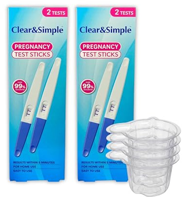 Clear & Simple Pregnancy Test 20 MIU Sensitivity Early Detection Pregnancy Test – 4 Pregnancy Tests Bundled with 4 Hygienic Urine Sample Pots