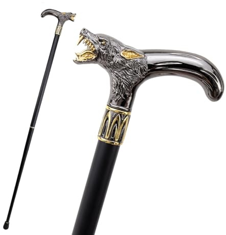 Schwarz Goldener Wolfskopf Gehstock Aus Metall Mit Geradem Griff für Herren Accessoire für Den Täglichen Gebrauch Drama Cosplay 93 Cm