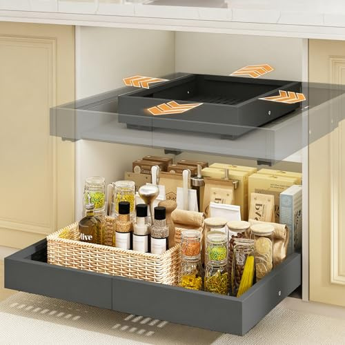 Mointal 2 Stück 4 Richtungen Teleskopschublade, Metall Schrank-Schubladen-Organizer, Verstellbare Breite 32–53 cm & Tiefe 41,5–61 cm, Ausziehbare Schublade Küche, Schraub-/Klebemontage, Grau