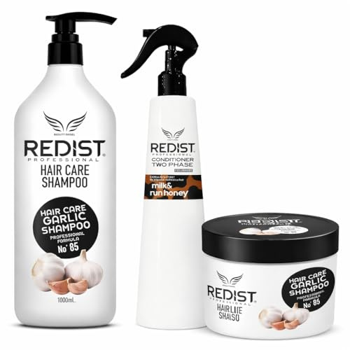 Redist Knoblauch Haarpflege Set – Shampoo 1000 ml + Haarmaske 475 ml + 2 Phase Conditioner 400 ml Milk&honey | Anti-Haarausfall & Stärkende Formel | Für trockenes & geschädigtes Haar