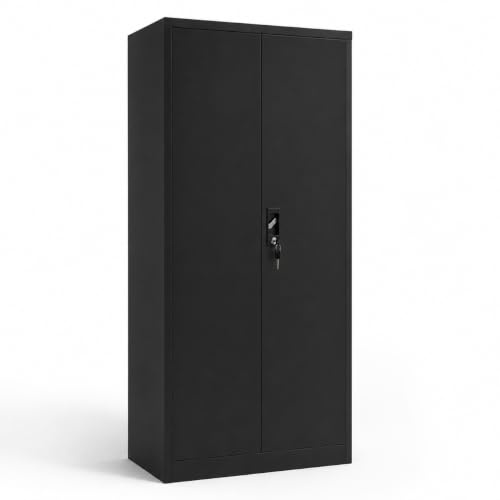 LORVIK Armario Metálico Gris con Cerradura – Armario de Almacenamiento Multiusos con Puertas Dobles, Gran Capacidad y Diseño Resistente para Oficina, Hogar y Archivo (Negro, con Barra)