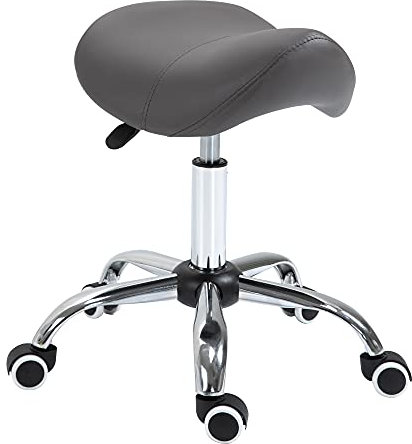 HOMCOM Tabouret à roulettes, Tabouret de Massage avec Hauteur réglable 49-61 cm et Selle Ergonomique, Chaise de Travail à roulettes pivotant 360°, pour Salon de Massage, Tatouage, Clinique, Spa, Gris