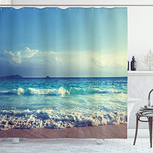 ABAKUHAUS Baum Duschvorhang, Ozean Seychellen, Stoffliches Gewebe Badezimmerdekorationsset mit Haken, 175 x 240 cm, Türkis Himmelblau Umbrabraun