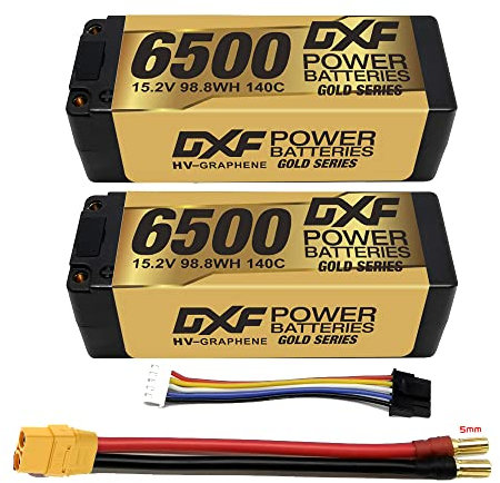 DXF 4S 6500mAh 15.2V 140C Batterie Lipo Haute capacité Hardcase avec Prise XT90 5mm pour Voiture RC à l'échelle 1:8, Avion RC Multi-Rotor, hélicoptère RC, Bateau RC(2 Packs)