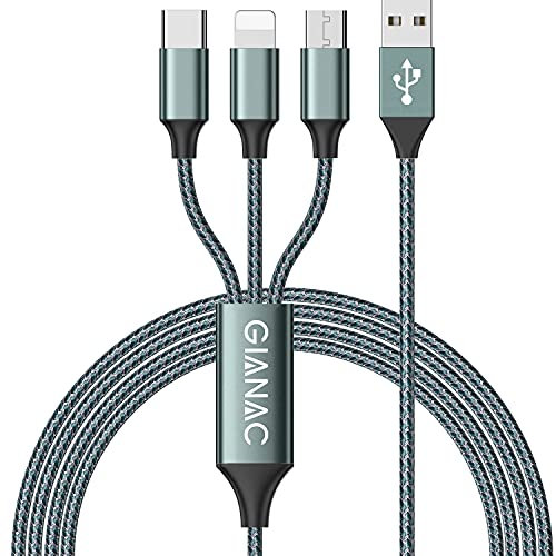 3 in 1 Multi Charger Cable [1.2M] Multiple USB Cable Nylon Braided with Micro USB Type C Lightning Cable Connector for iPhone, Android Galaxy, Huawei, Nexus, Nokia,LG, Sony, PS4-Green