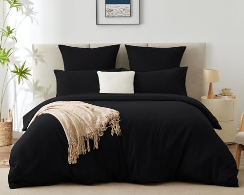 WAVVE Housse de Couette 220x240 cm avec 2 Taies d'oreiller 65x65 cm,Parure de Lit 2 Personnes pour lit 180x200 avec Fermeture Éclair Sets de Housse Couette en Microfibre, Noir 220 x 240 240x220