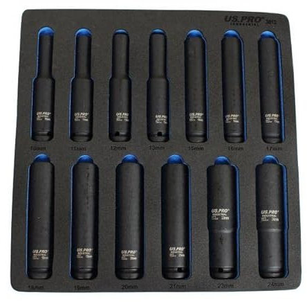 US PRO Industrial Extra Deep Impact Socket Set 1/2Dr 13pc 10mm - 24mm 6pt Long Sockets 3812