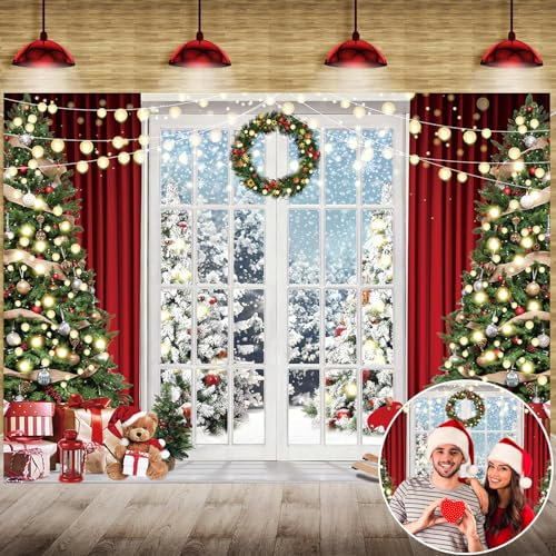 Weihnachten Fenster Hintergrund Fotografie Winter Schnee Weihnachtsbaum Girlande Urlaub Hintergrund Fotokabine Zuhause Urlaub Party Dekoration Banner Portrait Fotografie Requisiten (7x5ft)