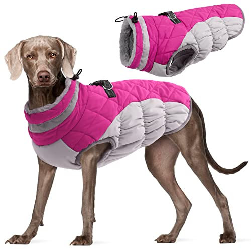 Kuoser Hundejacke Wintermantel für Große Hunde - Wasserdichte Winterweste Mit Geschirr - Warme Jacke Hundepullover Haustier Skifahren Kostüm Rosa, 3XL