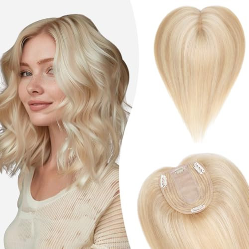 Silk-co Hair Topper Echthaar, 10x12cm Basis Toupet Damen, Haartopper Echthaar mit Remy Seide Basis, Haar Topper Clip in Haarteil Extensions, 30cm18P613# Aschblond & Bleichblond