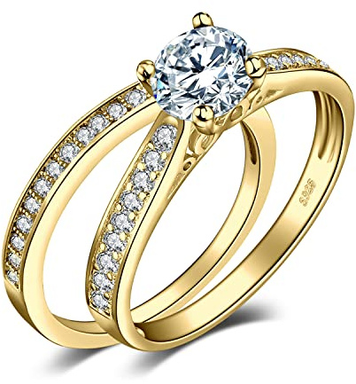 JewelryPalace 1ct Simulated Diamond Engagement Rings for Women, 14k White Yellow Rose Gold Plated 925 Sterling Silver Promise Rings for her, Cubic Zirconia Anniversary Wedding Eternity Band Ring Set