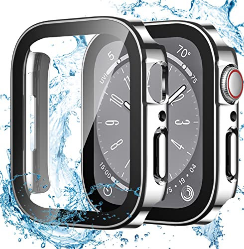 Dirrelo 2 Stück Schutzhülle für Apple Watch Series 9/8/7 45mm Hülle mit Panzerglas Displayschutz, Wasserdicht Hart PC Flache Kante Case, Hochempfindliche Schutzfolie für iWatch 9/8/7, 2Silber