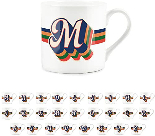 Purely Home Retro Alphabet Letter M Mug - Bone China White Coffee Tea Present Personalised Initial Gift