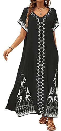 Bsubseach Vestido Kaftan para Mujer Traje de baño Coverup Caftanes de Playa Cover Ups Loungewear Pájaros Bordado Negro