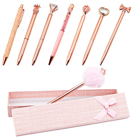 Rose Gold 8 Pcs Ballpoint Pen Set - Gift Box, Glitter Pens with Crystal Heart, Diamond Bowknot, Black Ink for Women, Girls, Kids, Home, Wedding, School, Office