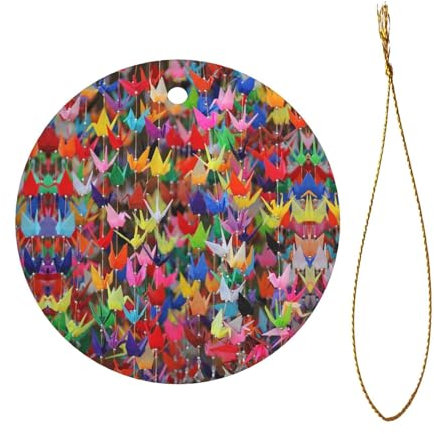 Origami Paper Cranes Stampa Albero di Natale Ceramica Appeso Forma Rotonda Albero di Natale Pendenti Raduni Partito Deco