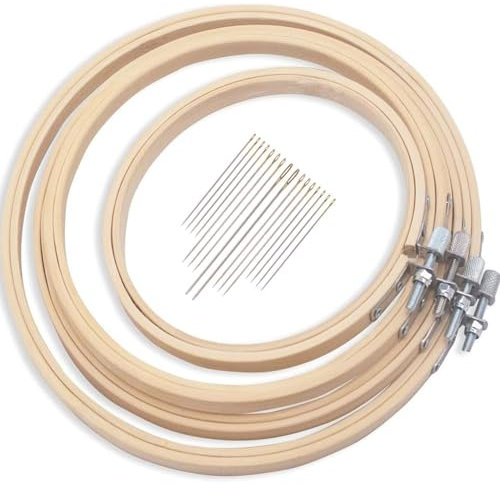 4Pcs 4 Sizes Round Bamboo Embroidery Hoop Set Circle Cross Stitch Hoops with Gold Eye Needles for Craft Sewing