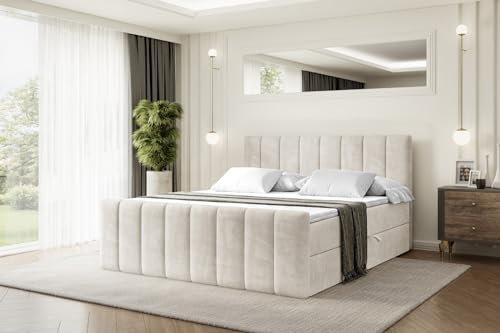 ALTDECOR Boxspringbett mit Matratze und Lattenrost, Boxbett, Topper, Fußteil, Polsterbett mit Bettkasten, Bett mit Stauraum H3-Matratze, Doppelbett, Springboxbett - OTTA-Z - 180x200 Beige Samt