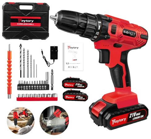 Red 21V Cordless Drill Driver Combo Kit - 25+1 Torque, 2-Speed, LED Light, 29 Accessories, 2 Batteries