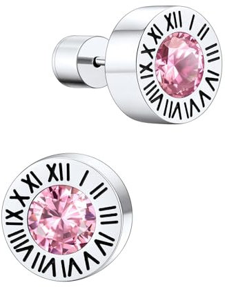 Supcare Ohrringe Herren Silber Ohrstecker mit Römischen Ziffern Geburtsstein Rosa Turmalin Edelstahl Ohrringe Creolen Stud Earring Punk Piercing Ohr Ohrschmuck Modeschmuck für Halloween
