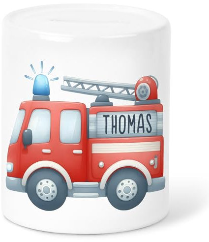 Spardose Feuerwehr Sparschwein für Jungen personalisiert mit Namen Kinderspardose Feuerwehrauto Sparbüchse Kinder Geschenk Geldgeschenk Verpackung aus Keramik