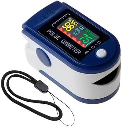 Pulsioxímetro, Oxímetro de Dedo Digital con Pantalla LED para Medición SpO2, Pulsioxímetro profesional, Lectura instantánea, Saturación de Oxígeno, Blanco y Azul.