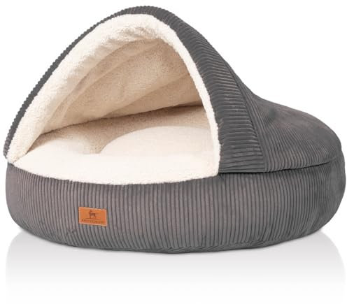 Knuffelwuff Orthopädische Hundehöhle aus Cord Colville 125cm Anthrazit - Hundebett - Hundehütte - Rund Flauschig mit abnehmbare Kapuze und Bezug - waschbar - für große, mittelgroße und kleine Hunde