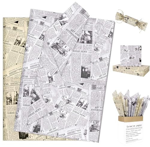 Larcenciel 100 Fogli Carta Velina da Giornale Vintage, Carta Velina per Imballaggio Stampa di Notizie Inglesi, Pacchi Regalo Nera Beige per Matrimoni, Feste, Compleanno, Vacanze, 50x35CM