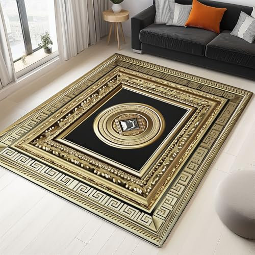 3D-Muster Griechisch Teppich Wohnzimmer, 60 x 110 cm Teppich Schlafzimmer Gold Schwarz Teppiche Waschbar Weich Anti-Rutsch Teppiche Kurzflor für Kinderzimmer Esszimmer Büro Dekoration