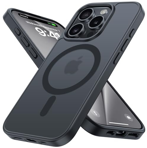 Matt Hülle für iPhone 15 Pro Kompatibel mit MagSafe Magnetisch Hülle Matt Rückseite Kratzfeste Dünn Samtweiche Haptik Schutzhülle Transluzent Mattiert Stoßfest FallSchutz Handyhülle Matt Schwarz