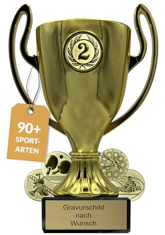 Pokal mit Gravur Wunschtext, Gold, Sportemblem nach Wahl, 16/18/20 cm | Personalisierte Auszeichnung für Fußball WM & Sport Events, inkl. Marmorsockel