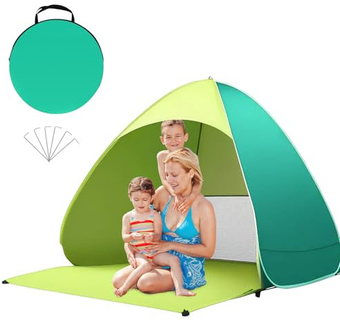 dellyy Tente de Plage Bebe Anti UV Compacte, Mini Tente Pop Up de Plag peut accueillir 2 à 3 Personnes, UPF 50+, Abri de Plage Pliable convient à la Plage, au Jardin, au Parc, 165*150*110cm (Vert)