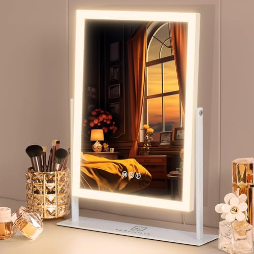 FENCHILIN Hollywood Spiegel 3 Farbiges Dimmbares Licht Schminkspiegel mit Beleuchtung Smart Touch Steuerung Spiegel mit Beleuchtung 360° Drehung 10x Vergrößerung Schminkspiegel 30 x 41 cm