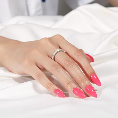 KQueenest Neon Pink Press on Nails Almond Medium Length, Almond False Nails with Glue, Glossy Solid Bright Pink Fake Nails Press ons Stiletto, Reusable Soft Gel Stick on Nail for Women, 24 Pcs