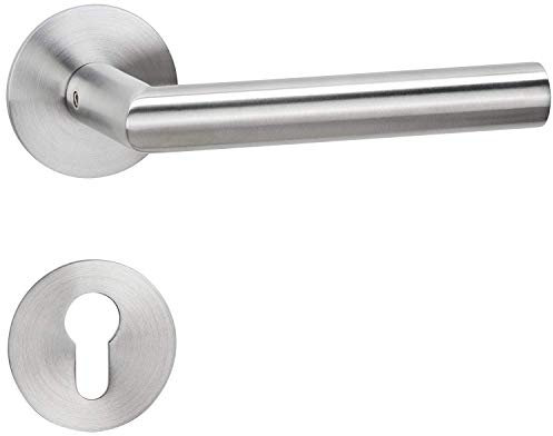 Gedotec Drückergarnitur Edelstahl | 1 Stück Türbeschlag Zimmertür Türgriff auf Flach Rund-Rosette | SAMANTHA 1802 | PZ - Zylinder | Edelstahl matt gebürstet | Design Türgarnitur silber für Innentüren